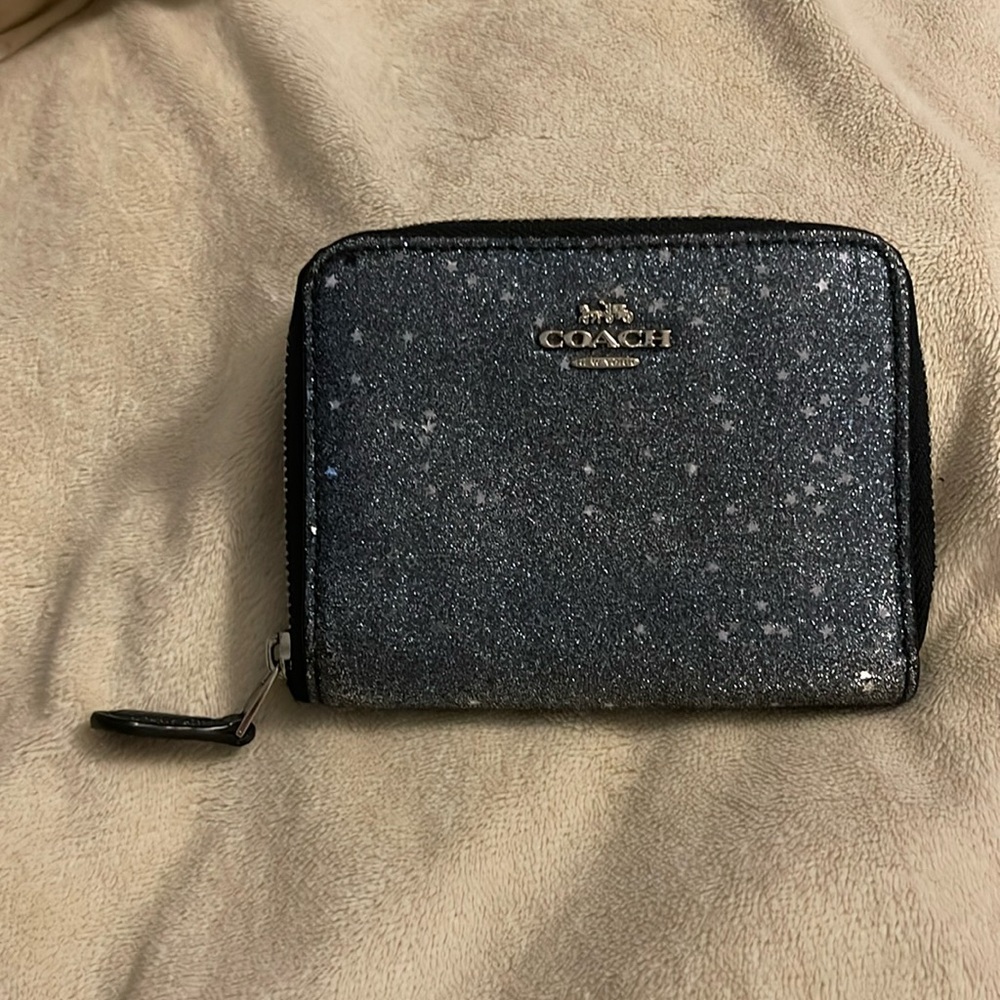 NWT Coach Small Zip Around Wallet with Star Glitter Midnight Blue Money Wedding
